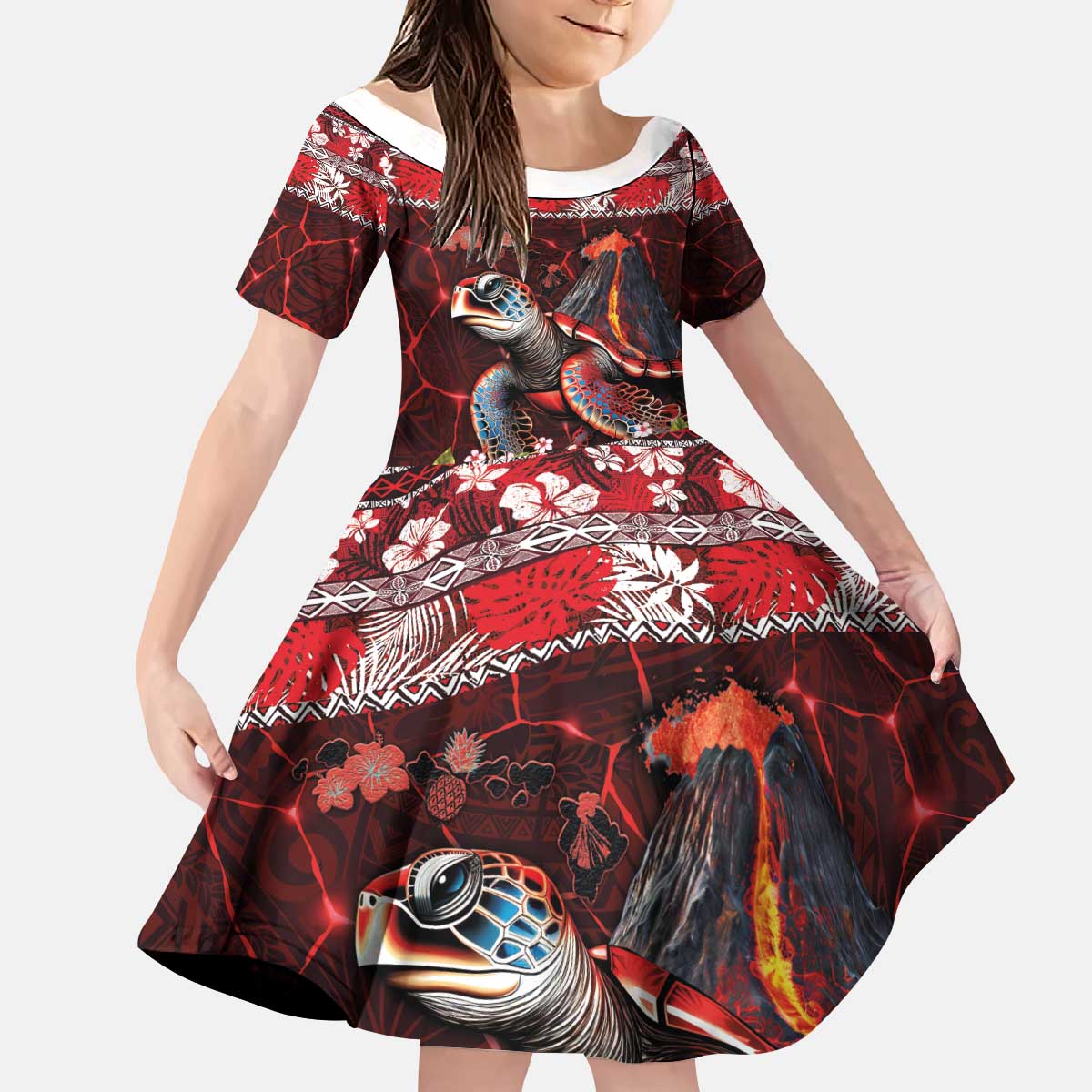 Hawaii KaUla Wena Volcano Turtle Kid Short Sleeve Dress Lava and Tropical Plants Tribal Pattern LT03 KID Red - Polynesian Pride