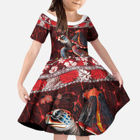 Hawaii KaUla Wena Volcano Turtle Kid Short Sleeve Dress Lava and Tropical Plants Tribal Pattern LT03 KID Red - Polynesian Pride