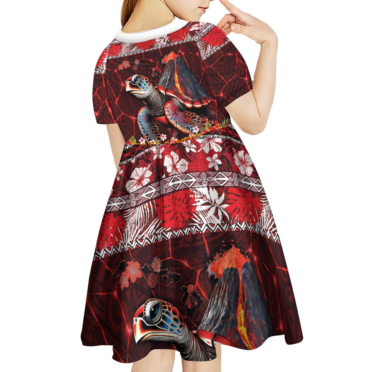 Hawaii KaUla Wena Volcano Turtle Kid Short Sleeve Dress Lava and Tropical Plants Tribal Pattern LT03 - Polynesian Pride