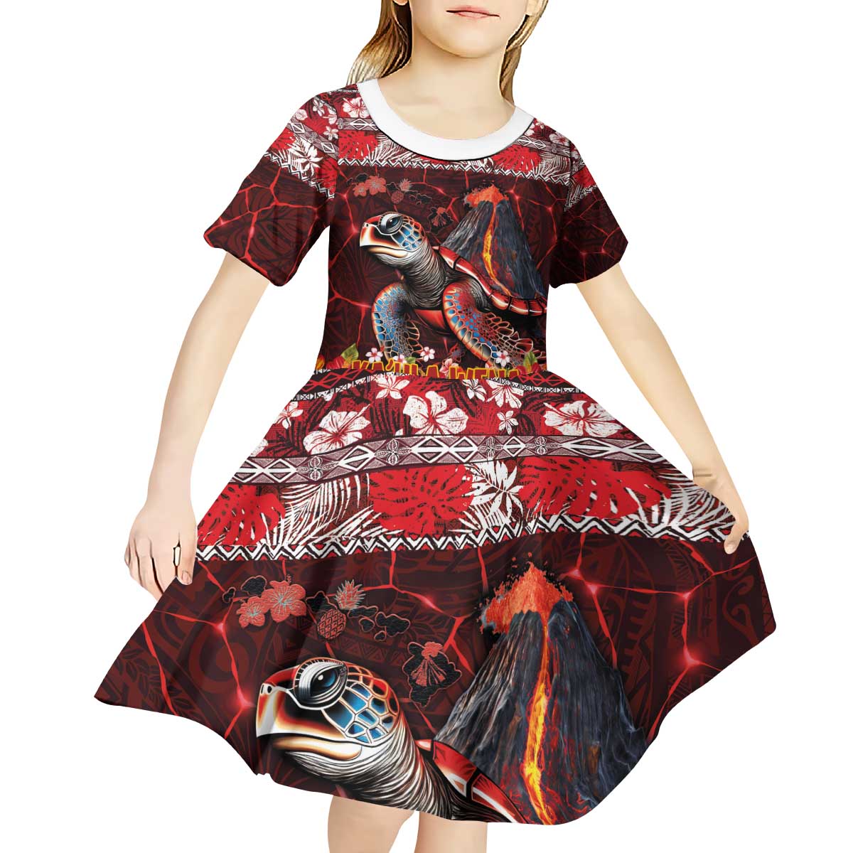 Hawaii KaUla Wena Volcano Turtle Kid Short Sleeve Dress Lava and Tropical Plants Tribal Pattern LT03 - Polynesian Pride