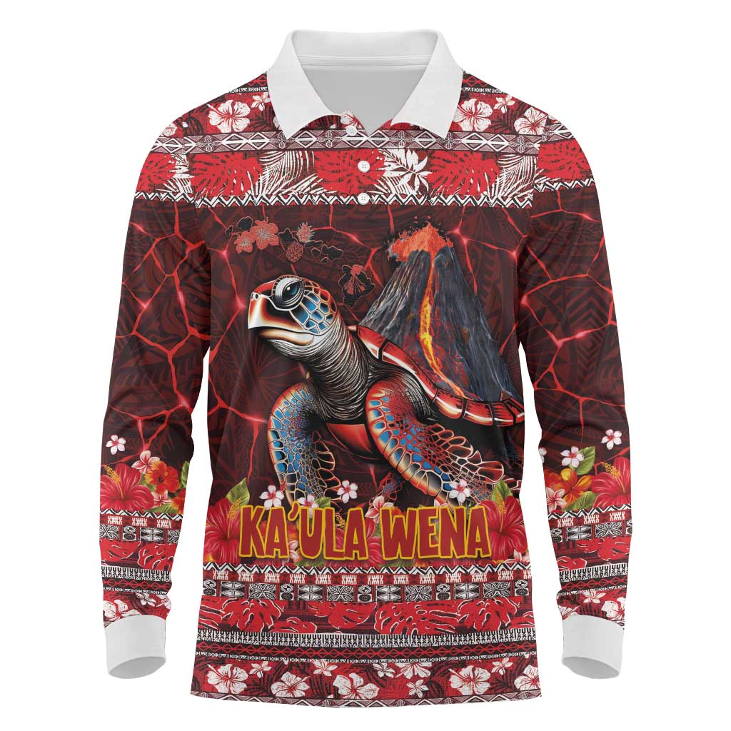 Hawaii KaUla Wena Volcano Turtle Long Sleeve Polo Shirt Lava and Tropical Plants Tribal Pattern LT03 Red - Polynesian Pride