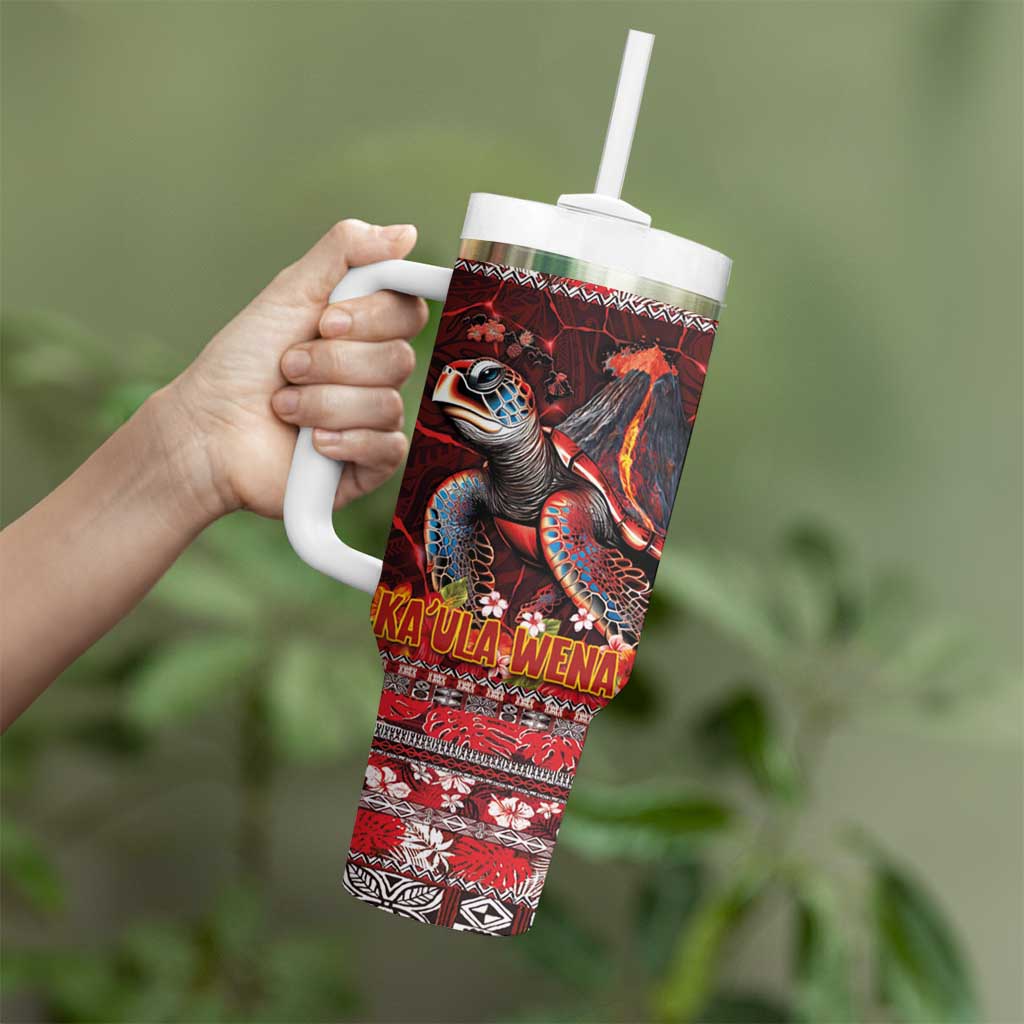 Hawaii KaʻUla Wena Volcano Turtle Tumbler With Handle Lava and Tropical Plants Tribal Pattern