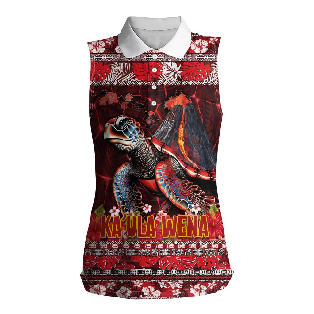 Hawaii KaUla Wena Volcano Turtle Women Sleeveless Polo Shirt Lava and Tropical Plants Tribal Pattern LT03 Female Red - Polynesian Pride