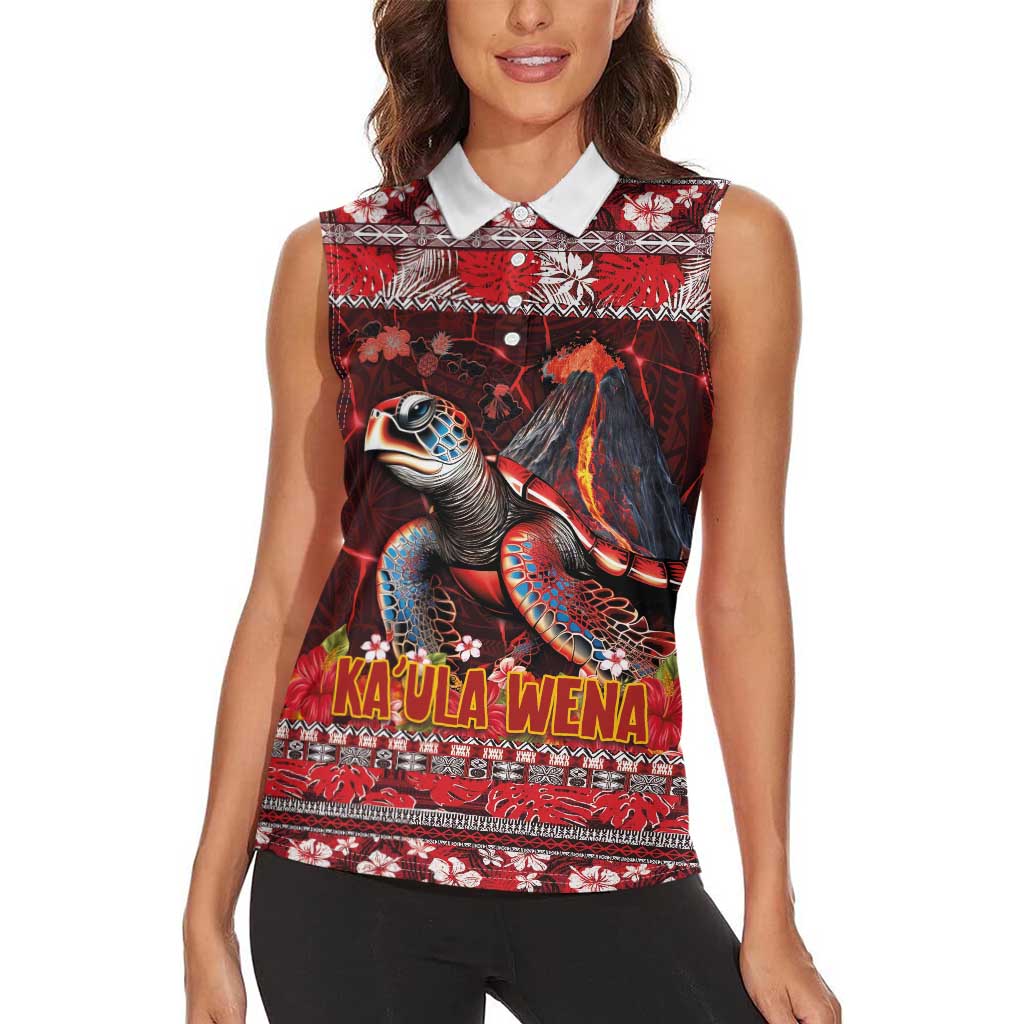 Hawaii KaUla Wena Volcano Turtle Women Sleeveless Polo Shirt Lava and Tropical Plants Tribal Pattern LT03 - Polynesian Pride