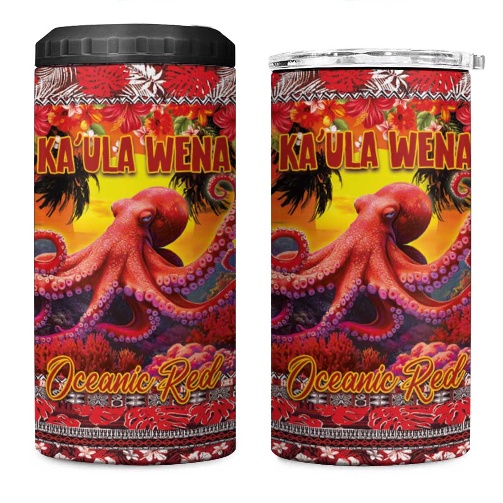 Hawaii KaUla Wena Octopus 4 in 1 Can Cooler Tumbler Oceanic Red with Corals and Tropical On Sunset Landscape LT03 One Size: 16 oz Red - Polynesian Pride