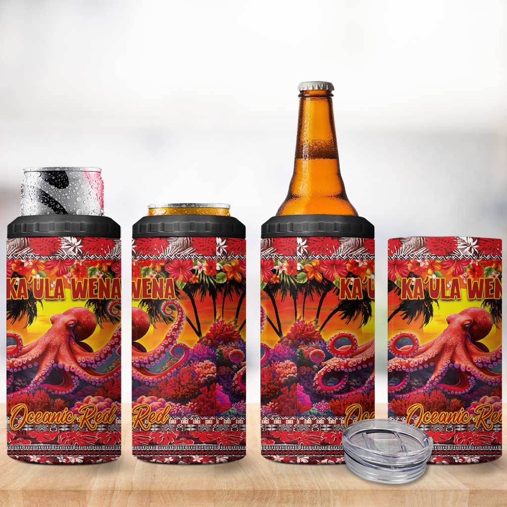 Hawaii KaUla Wena Octopus 4 in 1 Can Cooler Tumbler Oceanic Red with Corals and Tropical On Sunset Landscape LT03 - Polynesian Pride