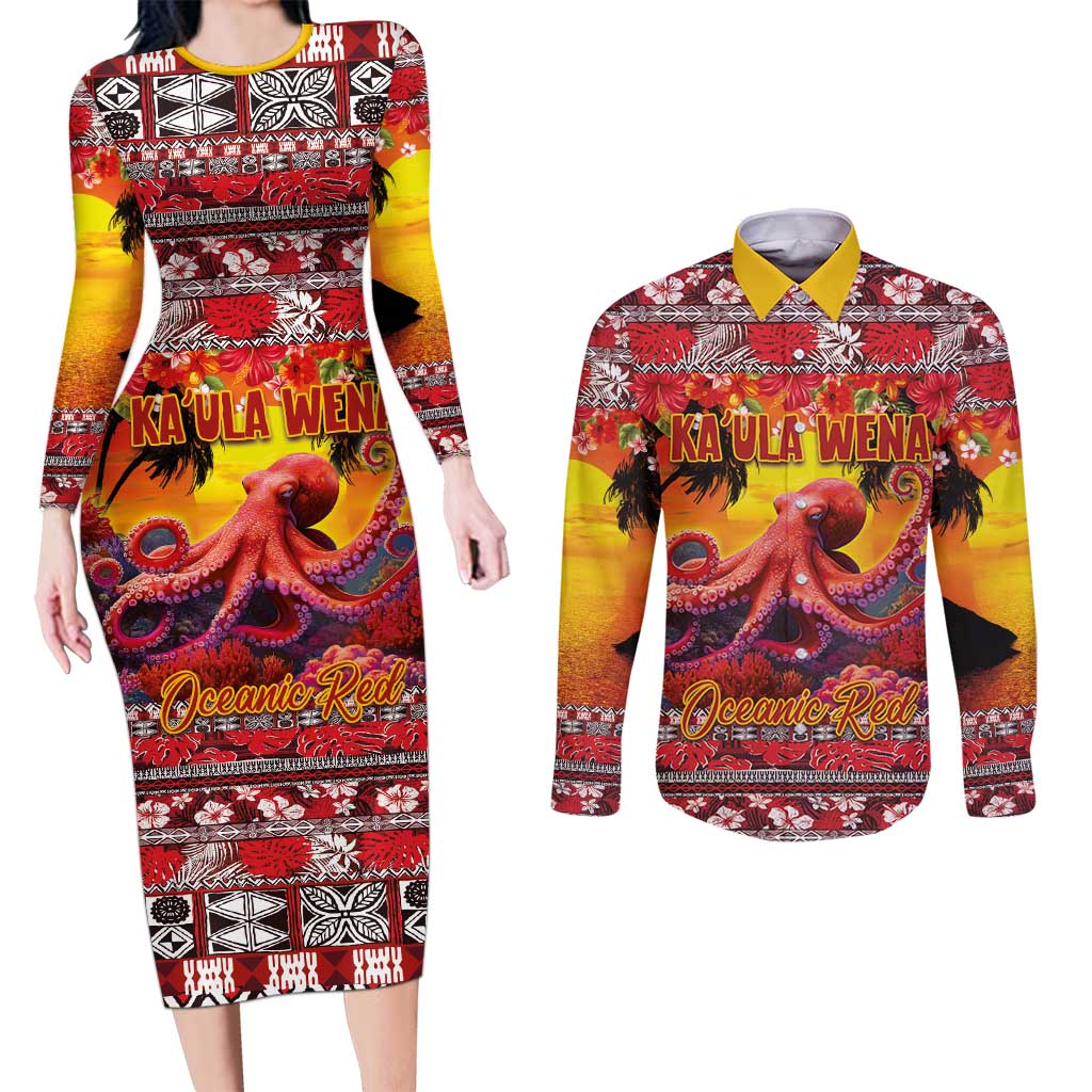 Hawaii KaUla Wena Octopus Couples Matching Long Sleeve Bodycon Dress and Long Sleeve Button Shirt Oceanic Red with Corals and Tropical On Sunset Landscape LT03 Red - Polynesian Pride