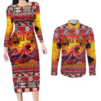Hawaii KaUla Wena Octopus Couples Matching Long Sleeve Bodycon Dress and Long Sleeve Button Shirt Oceanic Red with Corals and Tropical On Sunset Landscape LT03 Red - Polynesian Pride