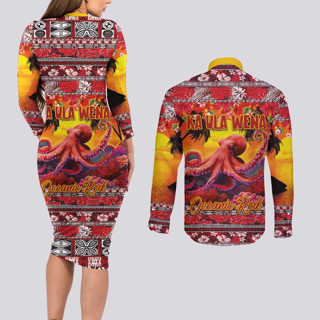 Hawaii KaUla Wena Octopus Couples Matching Long Sleeve Bodycon Dress and Long Sleeve Button Shirt Oceanic Red with Corals and Tropical On Sunset Landscape LT03 - Polynesian Pride