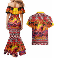 Hawaii KaUla Wena Octopus Couples Matching Mermaid Dress and Hawaiian Shirt Oceanic Red with Corals and Tropical On Sunset Landscape LT03 - Polynesian Pride