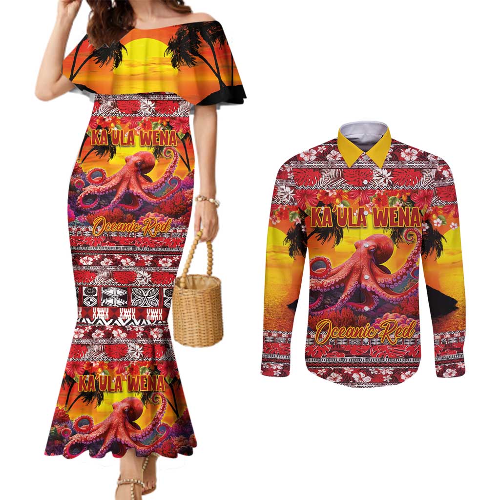 Hawaii KaUla Wena Octopus Couples Matching Mermaid Dress and Long Sleeve Button Shirt Oceanic Red with Corals and Tropical On Sunset Landscape LT03 Red - Polynesian Pride