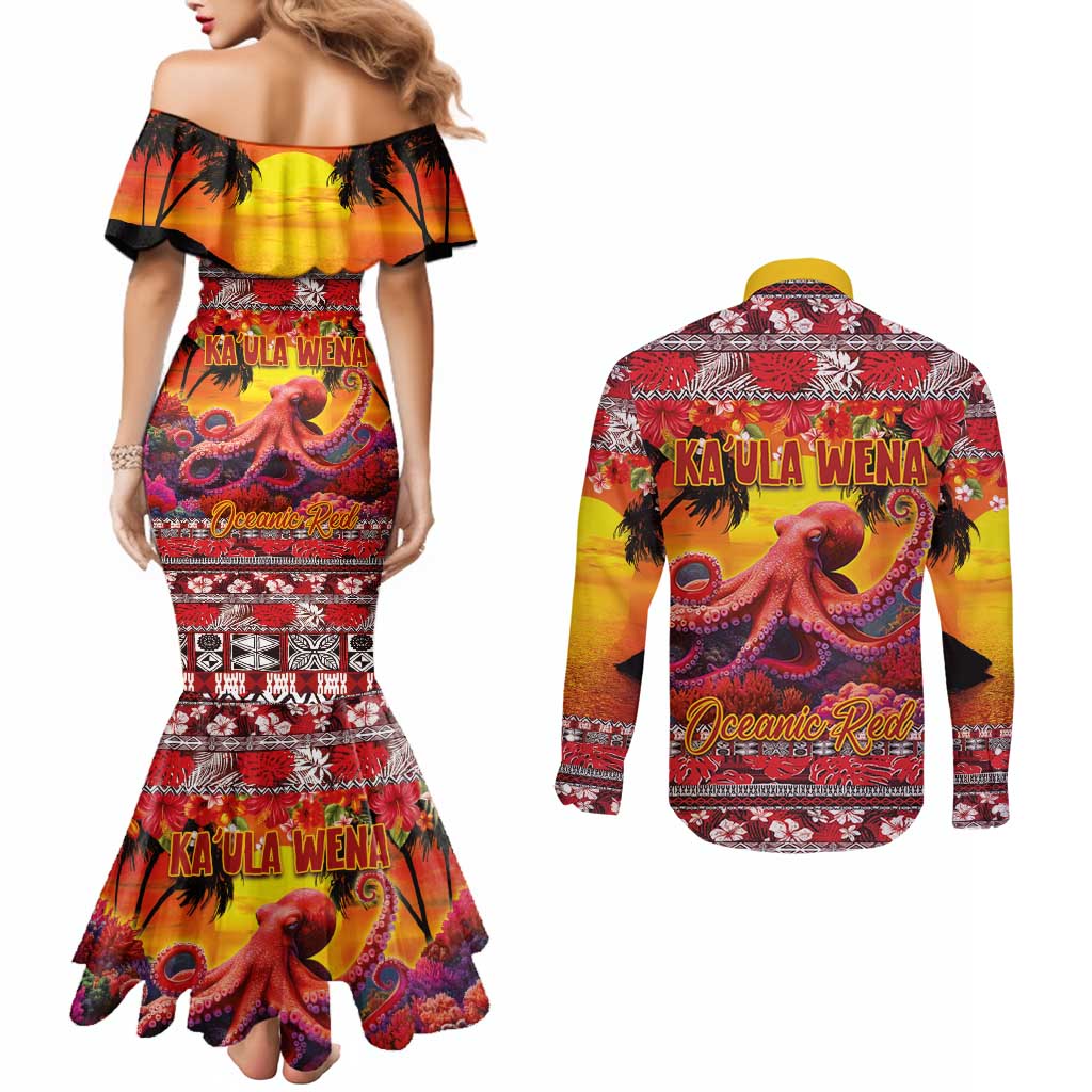 Hawaii KaUla Wena Octopus Couples Matching Mermaid Dress and Long Sleeve Button Shirt Oceanic Red with Corals and Tropical On Sunset Landscape LT03 - Polynesian Pride