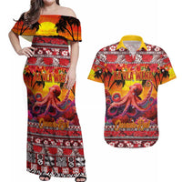 Hawaii KaUla Wena Octopus Couples Matching Off Shoulder Maxi Dress and Hawaiian Shirt Oceanic Red with Corals and Tropical On Sunset Landscape LT03 Red - Polynesian Pride