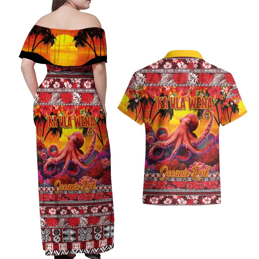 Hawaii KaUla Wena Octopus Couples Matching Off Shoulder Maxi Dress and Hawaiian Shirt Oceanic Red with Corals and Tropical On Sunset Landscape LT03 - Polynesian Pride
