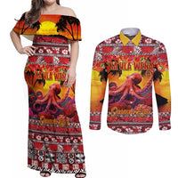 Hawaii KaUla Wena Octopus Couples Matching Off Shoulder Maxi Dress and Long Sleeve Button Shirt Oceanic Red with Corals and Tropical On Sunset Landscape LT03 Red - Polynesian Pride