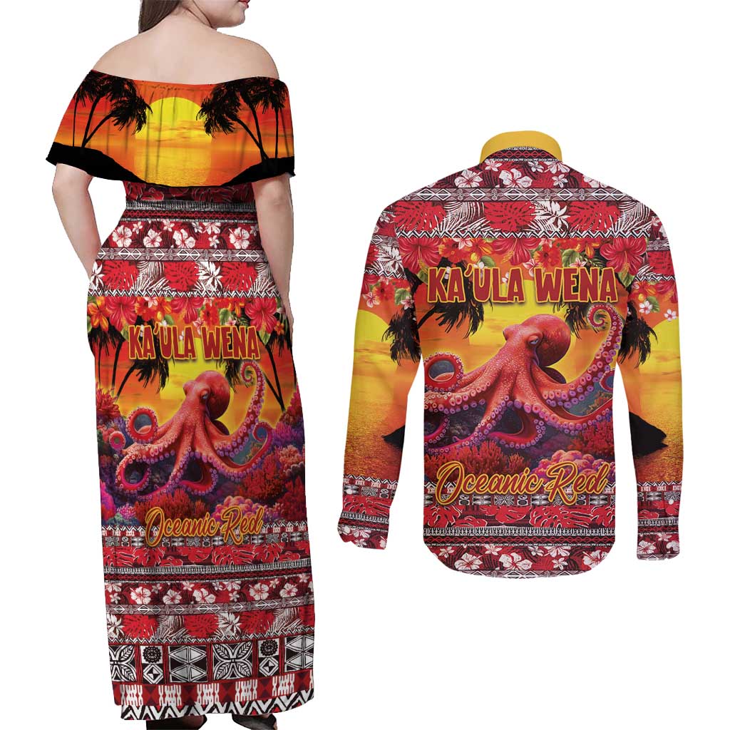 Hawaii KaUla Wena Octopus Couples Matching Off Shoulder Maxi Dress and Long Sleeve Button Shirt Oceanic Red with Corals and Tropical On Sunset Landscape LT03 - Polynesian Pride