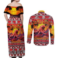 Hawaii KaUla Wena Octopus Couples Matching Off Shoulder Maxi Dress and Long Sleeve Button Shirt Oceanic Red with Corals and Tropical On Sunset Landscape LT03 - Polynesian Pride