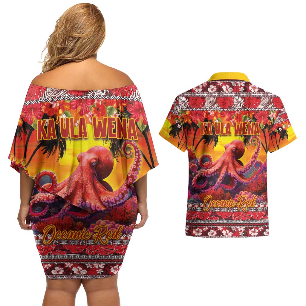 Hawaii KaUla Wena Octopus Couples Matching Off Shoulder Short Dress and Hawaiian Shirt Oceanic Red with Corals and Tropical On Sunset Landscape LT03 - Polynesian Pride