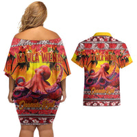 Hawaii KaUla Wena Octopus Couples Matching Off Shoulder Short Dress and Hawaiian Shirt Oceanic Red with Corals and Tropical On Sunset Landscape LT03 - Polynesian Pride