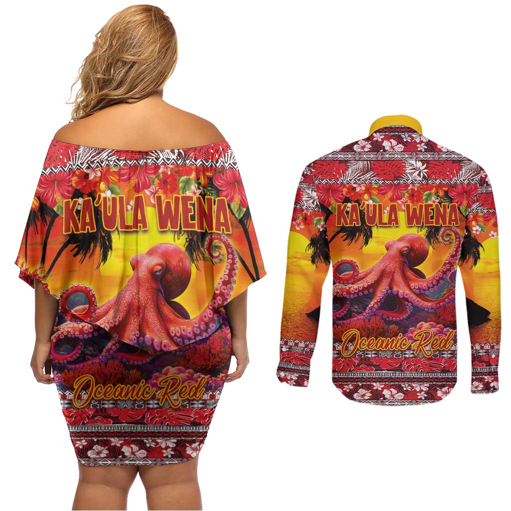 Hawaii KaUla Wena Octopus Couples Matching Off Shoulder Short Dress and Long Sleeve Button Shirt Oceanic Red with Corals and Tropical On Sunset Landscape LT03 - Polynesian Pride