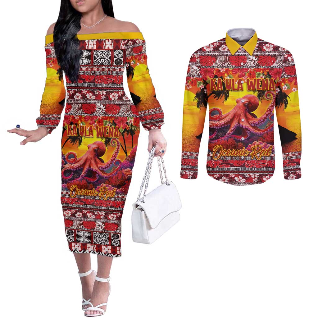 Hawaii KaUla Wena Octopus Couples Matching Off The Shoulder Long Sleeve Dress and Long Sleeve Button Shirt Oceanic Red with Corals and Tropical On Sunset Landscape LT03 Red - Polynesian Pride