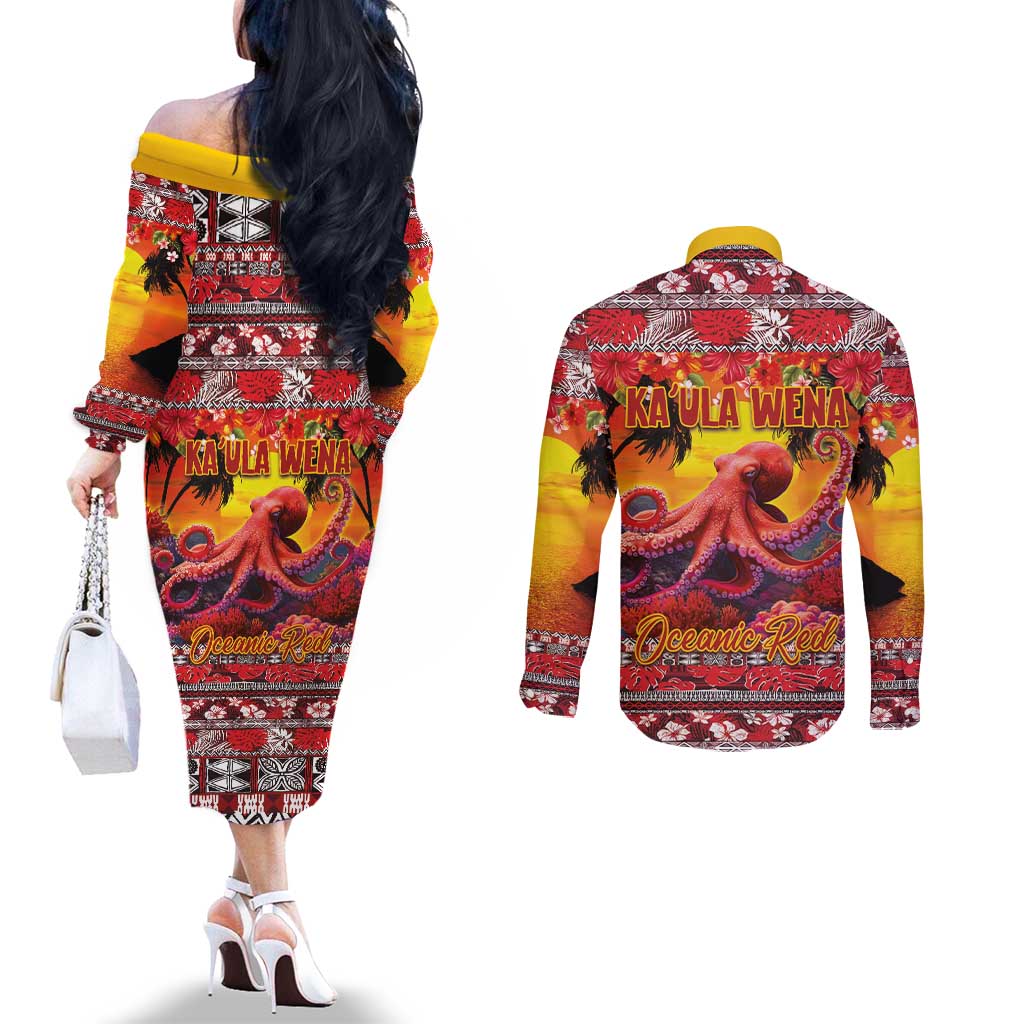 Hawaii KaUla Wena Octopus Couples Matching Off The Shoulder Long Sleeve Dress and Long Sleeve Button Shirt Oceanic Red with Corals and Tropical On Sunset Landscape LT03 - Polynesian Pride