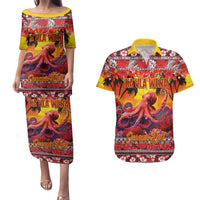 Hawaii KaUla Wena Octopus Couples Matching Puletasi and Hawaiian Shirt Oceanic Red with Corals and Tropical On Sunset Landscape LT03 Red - Polynesian Pride