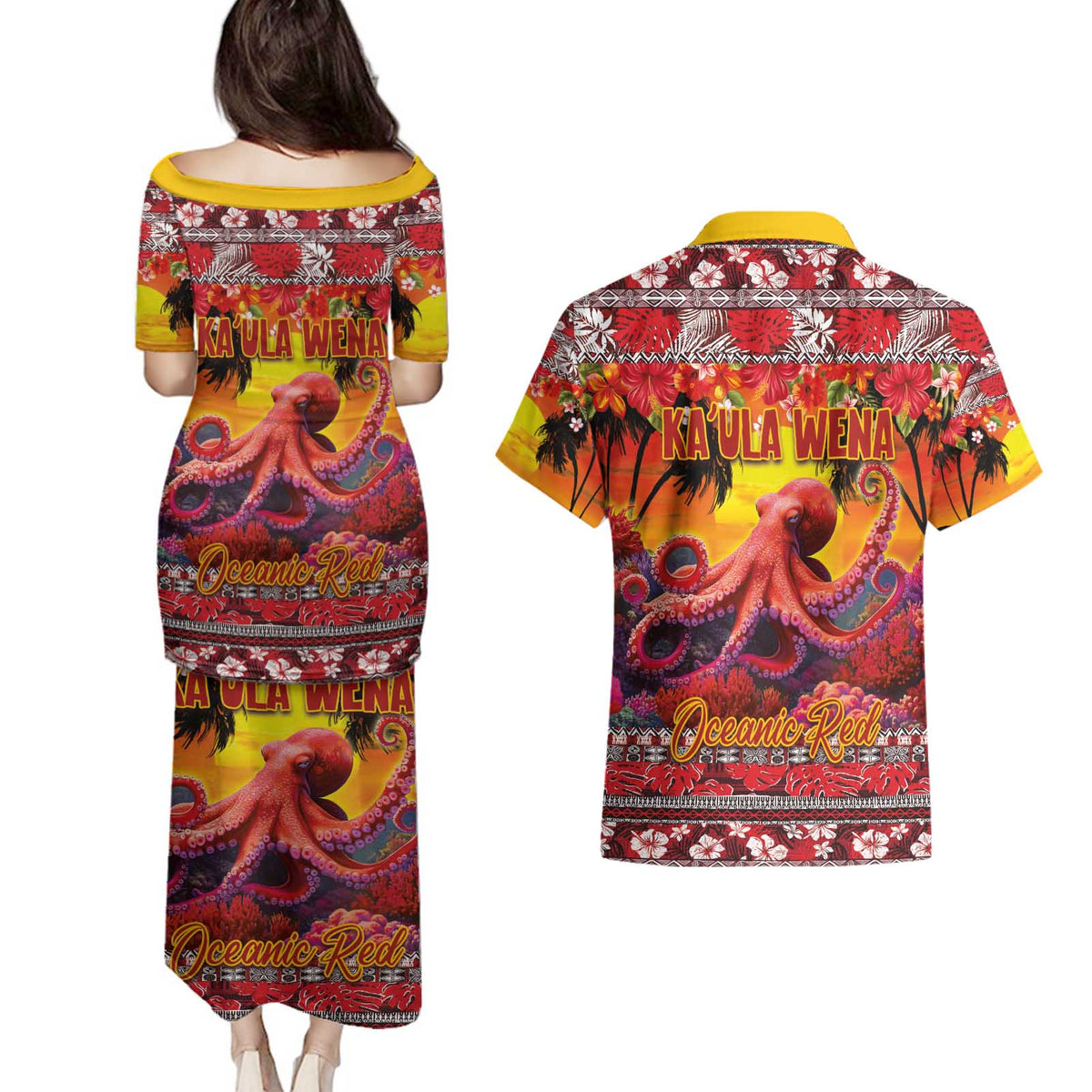 Hawaii KaUla Wena Octopus Couples Matching Puletasi and Hawaiian Shirt Oceanic Red with Corals and Tropical On Sunset Landscape LT03 - Polynesian Pride