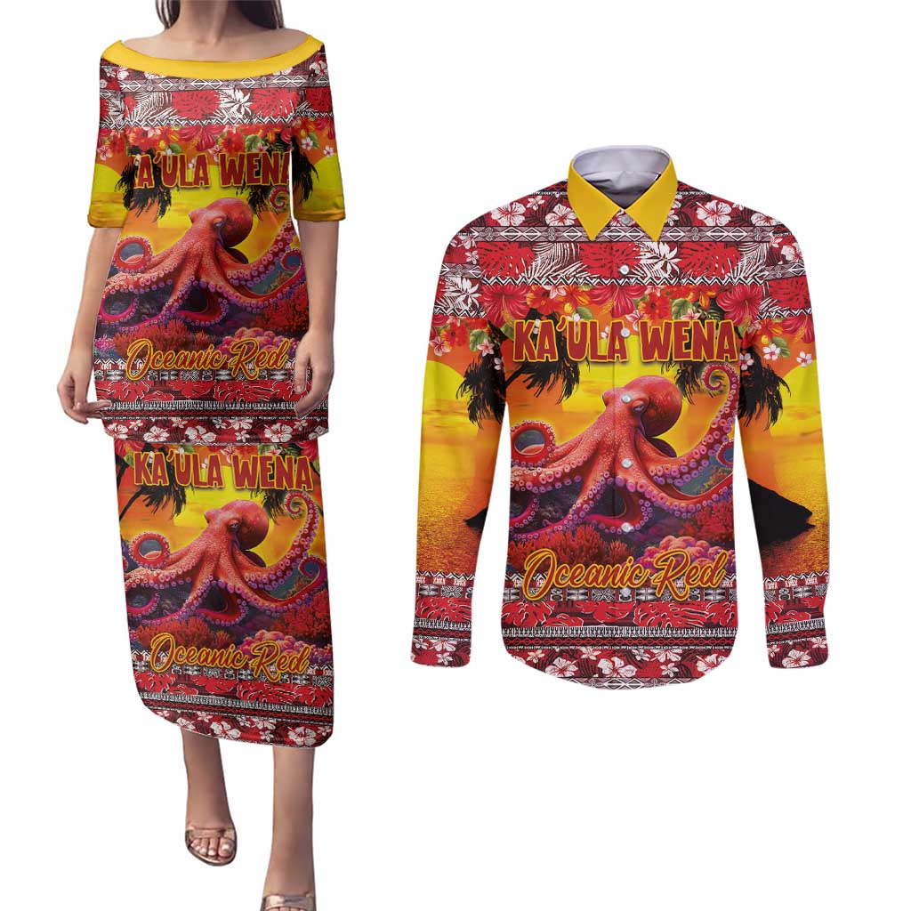 Hawaii KaUla Wena Octopus Couples Matching Puletasi and Long Sleeve Button Shirt Oceanic Red with Corals and Tropical On Sunset Landscape LT03 Red - Polynesian Pride