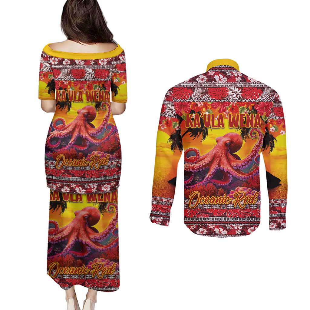 Hawaii KaUla Wena Octopus Couples Matching Puletasi and Long Sleeve Button Shirt Oceanic Red with Corals and Tropical On Sunset Landscape LT03 - Polynesian Pride