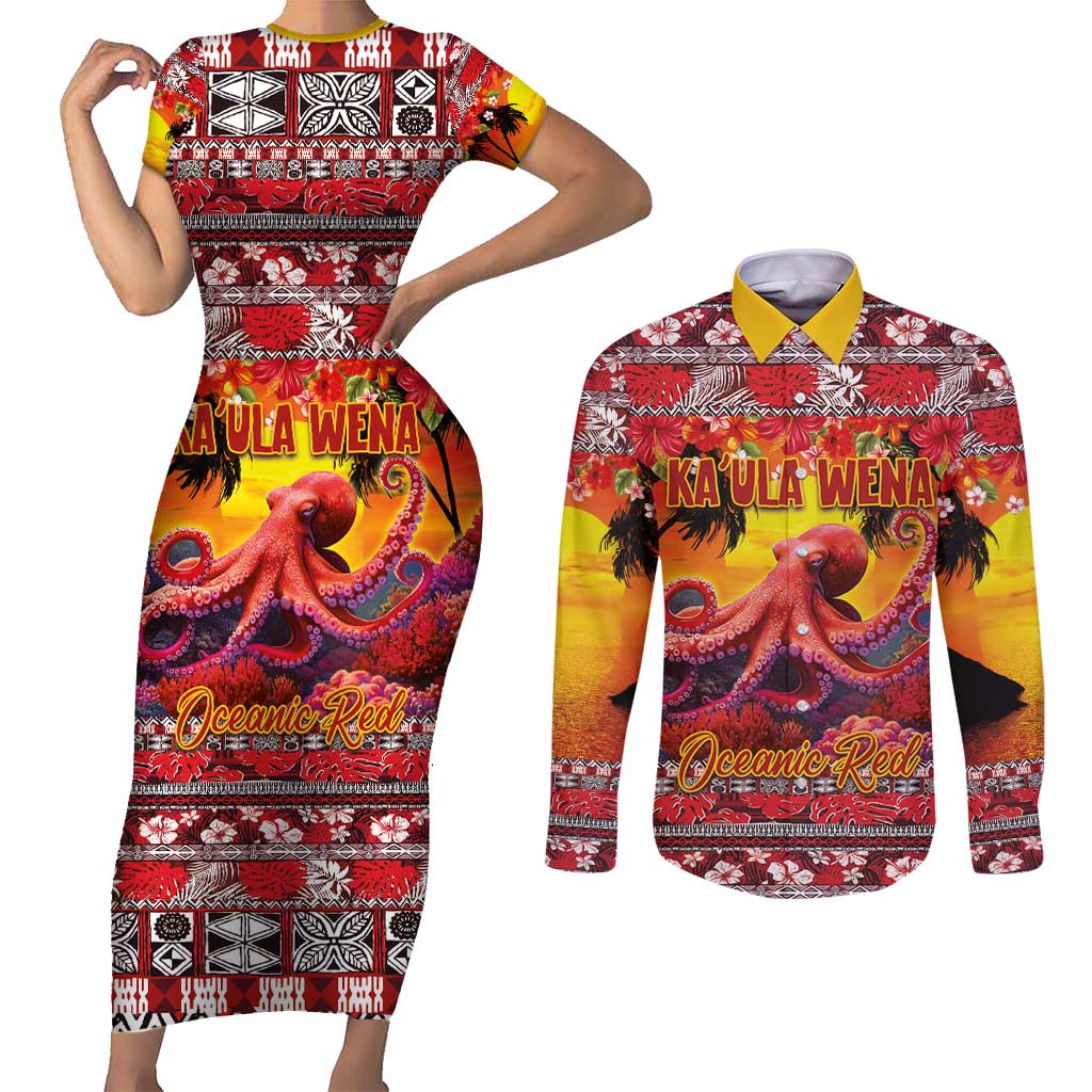 Hawaii KaUla Wena Octopus Couples Matching Short Sleeve Bodycon Dress and Long Sleeve Button Shirt Oceanic Red with Corals and Tropical On Sunset Landscape LT03 Red - Polynesian Pride