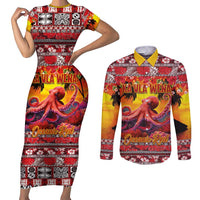 Hawaii KaUla Wena Octopus Couples Matching Short Sleeve Bodycon Dress and Long Sleeve Button Shirt Oceanic Red with Corals and Tropical On Sunset Landscape LT03 Red - Polynesian Pride