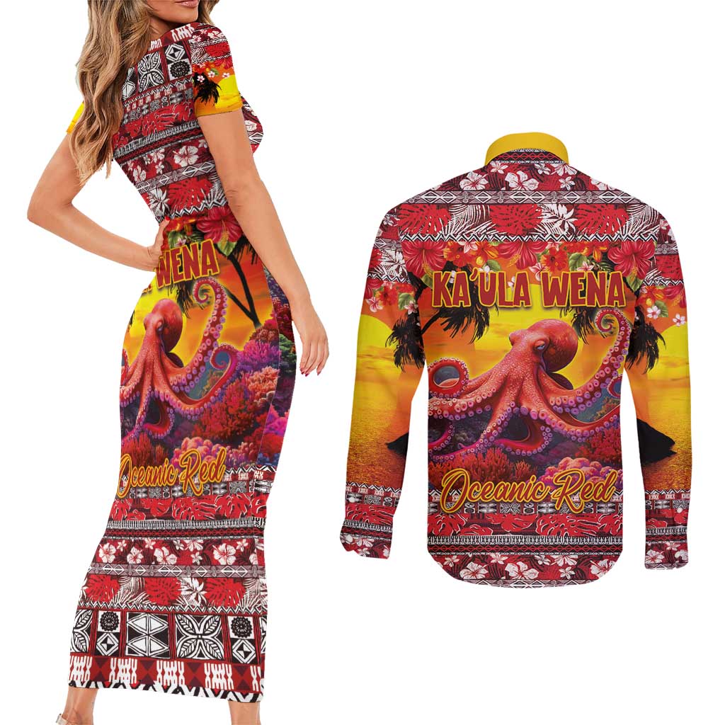 Hawaii KaUla Wena Octopus Couples Matching Short Sleeve Bodycon Dress and Long Sleeve Button Shirt Oceanic Red with Corals and Tropical On Sunset Landscape LT03 - Polynesian Pride