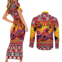 Hawaii KaUla Wena Octopus Couples Matching Short Sleeve Bodycon Dress and Long Sleeve Button Shirt Oceanic Red with Corals and Tropical On Sunset Landscape LT03 - Polynesian Pride