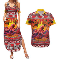 Hawaii KaUla Wena Octopus Couples Matching Summer Maxi Dress and Hawaiian Shirt Oceanic Red with Corals and Tropical On Sunset Landscape LT03 Red - Polynesian Pride