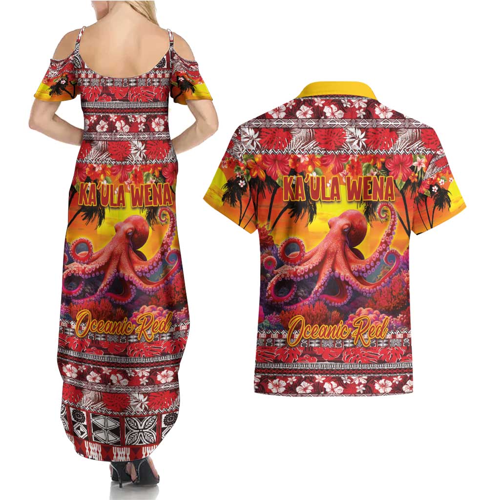 Hawaii KaUla Wena Octopus Couples Matching Summer Maxi Dress and Hawaiian Shirt Oceanic Red with Corals and Tropical On Sunset Landscape LT03 - Polynesian Pride