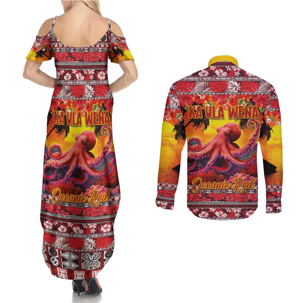 Hawaii KaUla Wena Octopus Couples Matching Summer Maxi Dress and Long Sleeve Button Shirt Oceanic Red with Corals and Tropical On Sunset Landscape LT03 - Polynesian Pride