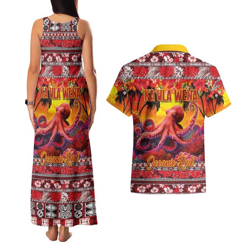 Hawaii KaUla Wena Octopus Couples Matching Tank Maxi Dress and Hawaiian Shirt Oceanic Red with Corals and Tropical On Sunset Landscape LT03 - Polynesian Pride