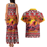 Hawaii KaUla Wena Octopus Couples Matching Tank Maxi Dress and Hawaiian Shirt Oceanic Red with Corals and Tropical On Sunset Landscape LT03 - Polynesian Pride