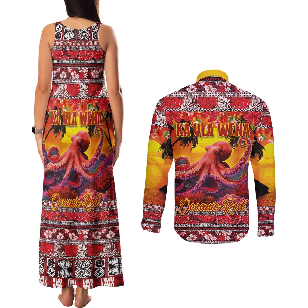 Hawaii KaUla Wena Octopus Couples Matching Tank Maxi Dress and Long Sleeve Button Shirt Oceanic Red with Corals and Tropical On Sunset Landscape LT03 - Polynesian Pride