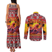 Hawaii KaUla Wena Octopus Couples Matching Tank Maxi Dress and Long Sleeve Button Shirt Oceanic Red with Corals and Tropical On Sunset Landscape LT03 - Polynesian Pride