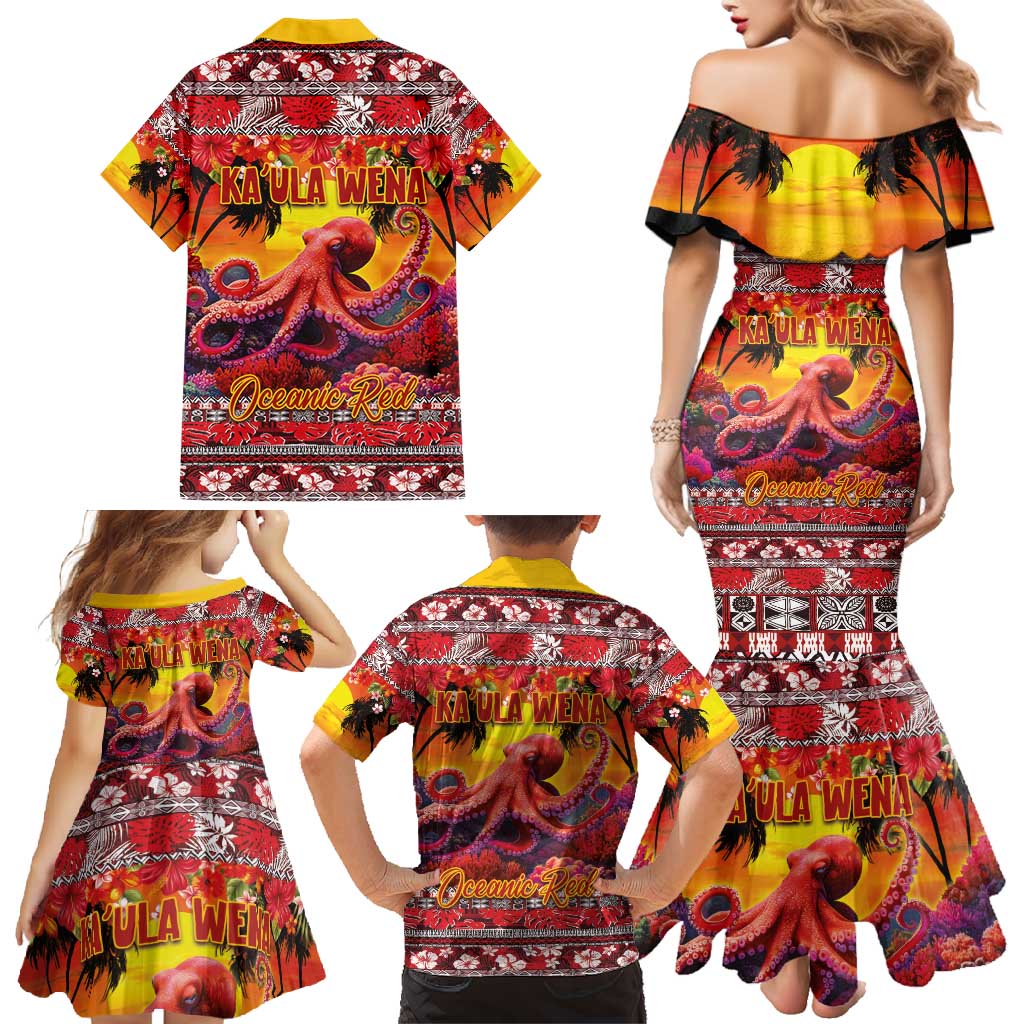 Hawaii KaUla Wena Octopus Family Matching Mermaid Dress and Hawaiian Shirt Oceanic Red with Corals and Tropical On Sunset Landscape LT03 - Polynesian Pride