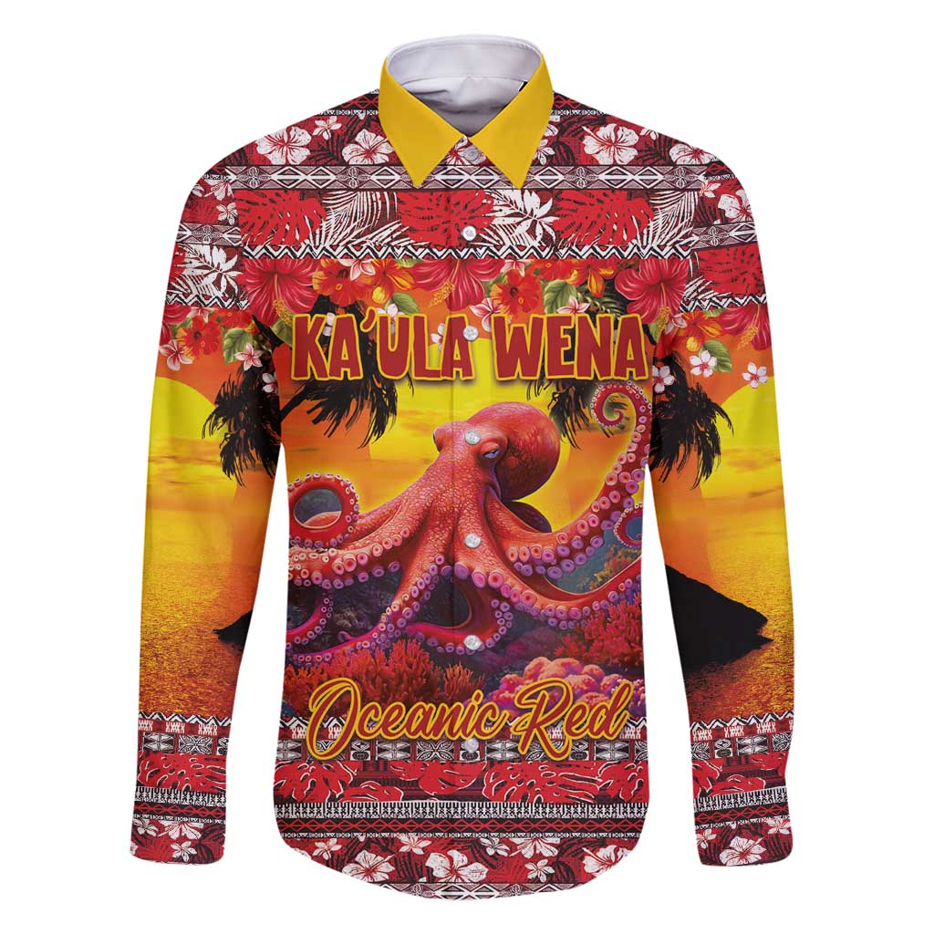Hawaii KaUla Wena Octopus Family Matching Mermaid Dress and Hawaiian Shirt Oceanic Red with Corals and Tropical On Sunset Landscape LT03 Dad's Shirt - Long Sleeve Red - Polynesian Pride