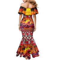 Hawaii KaUla Wena Octopus Family Matching Mermaid Dress and Hawaiian Shirt Oceanic Red with Corals and Tropical On Sunset Landscape LT03 - Polynesian Pride