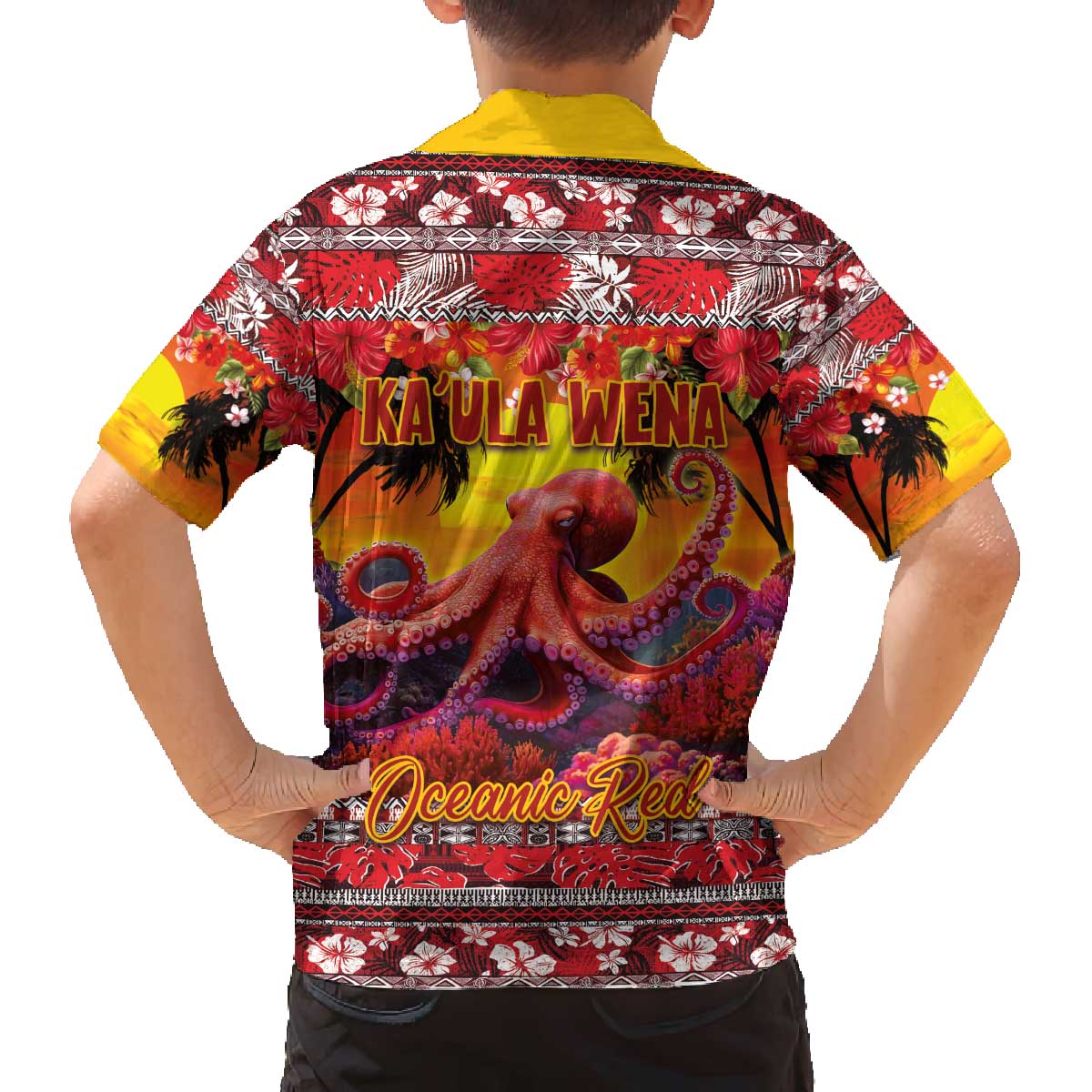Hawaii KaUla Wena Octopus Family Matching Off The Shoulder Long Sleeve Dress and Hawaiian Shirt Oceanic Red with Corals and Tropical On Sunset Landscape LT03 - Polynesian Pride