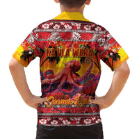Hawaii KaUla Wena Octopus Family Matching Off The Shoulder Long Sleeve Dress and Hawaiian Shirt Oceanic Red with Corals and Tropical On Sunset Landscape LT03 - Polynesian Pride