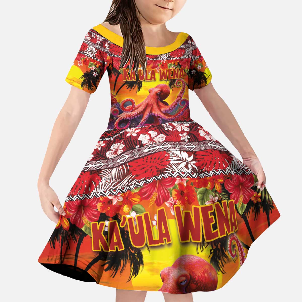 Hawaii KaUla Wena Octopus Family Matching Off The Shoulder Long Sleeve Dress and Hawaiian Shirt Oceanic Red with Corals and Tropical On Sunset Landscape LT03 Daughter's Dress Red - Polynesian Pride