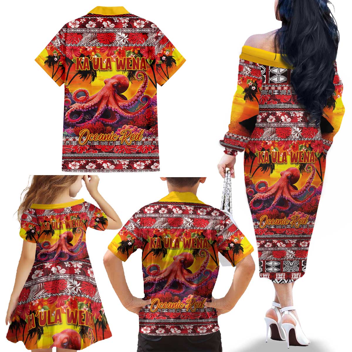 Hawaii KaUla Wena Octopus Family Matching Off The Shoulder Long Sleeve Dress and Hawaiian Shirt Oceanic Red with Corals and Tropical On Sunset Landscape LT03 - Polynesian Pride