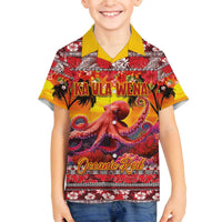Hawaii KaUla Wena Octopus Family Matching Off The Shoulder Long Sleeve Dress and Hawaiian Shirt Oceanic Red with Corals and Tropical On Sunset Landscape LT03 Son's Shirt Red - Polynesian Pride