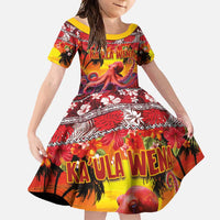 Hawaii KaUla Wena Octopus Family Matching Off Shoulder Maxi Dress and Hawaiian Shirt Oceanic Red with Corals and Tropical On Sunset Landscape LT03 Daughter's Dress Red - Polynesian Pride